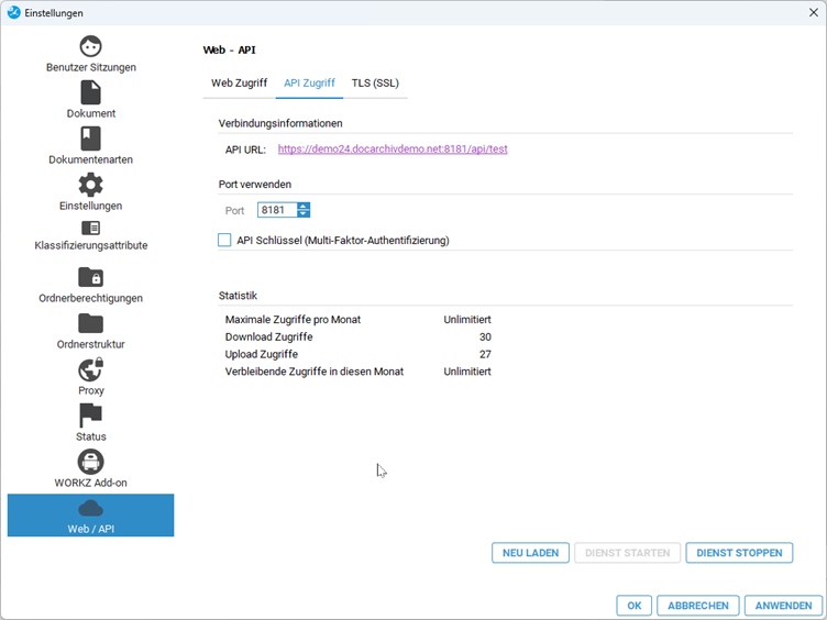 Einstellung > Web /API > API Zugriff